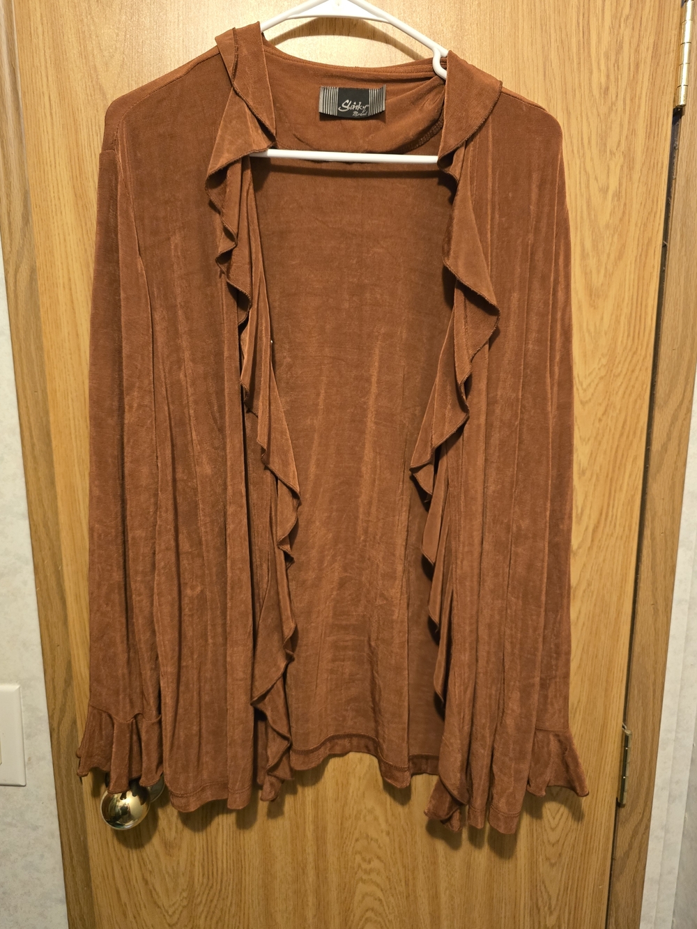 Rust Brown Ruffle Front Lightweight Cardigan - Picture 3 of 5